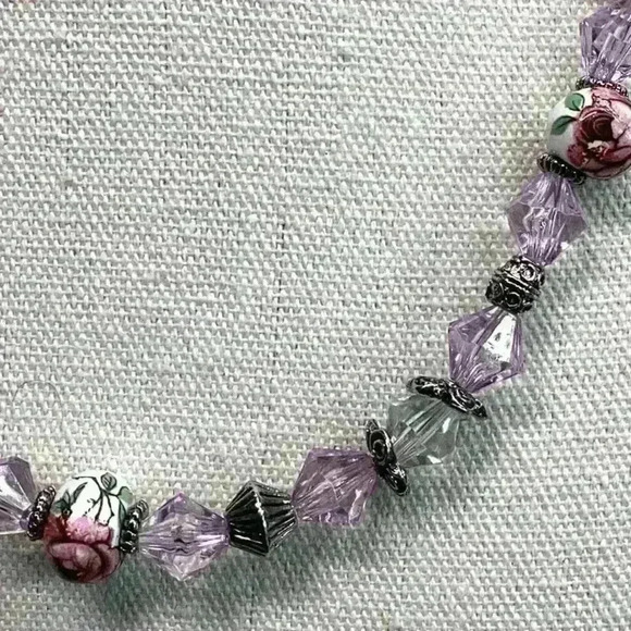 Vintage Pink and Clear Necklace with Silver Details and Rose Painted White Beads - Picture 2 of 3